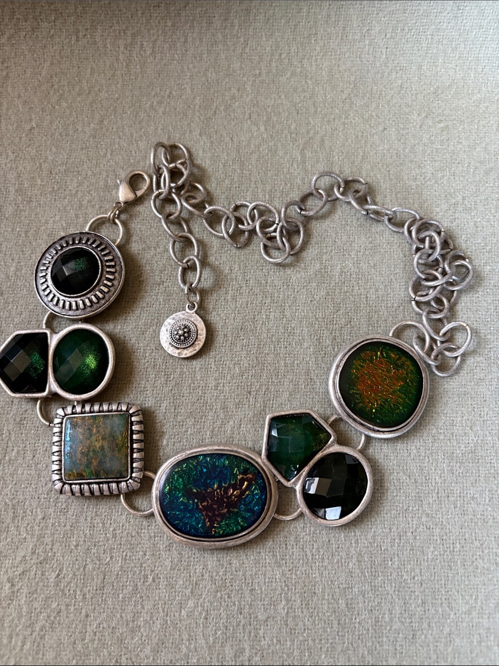 Chico's Silver-Tone Belt with Emerald and Teal Iridescent Accents